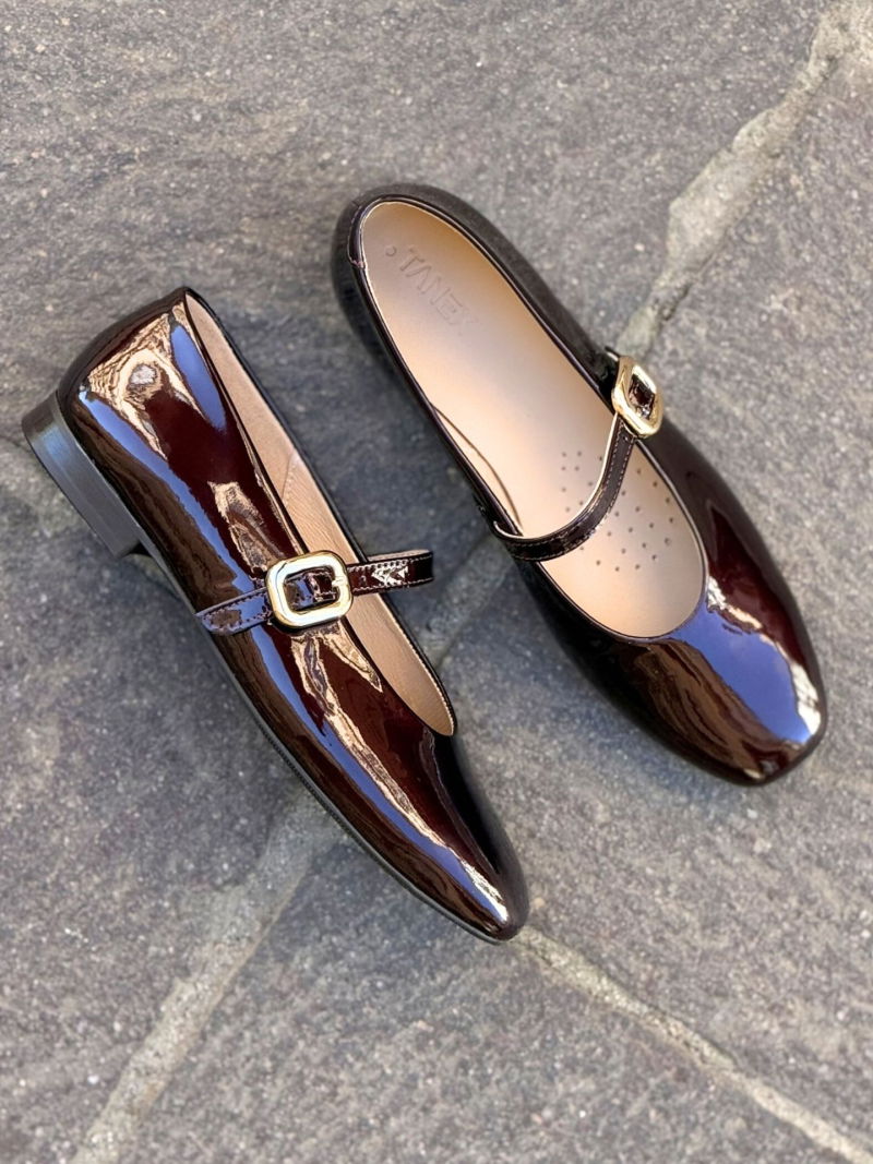 Women's leather ballerina flats, comfortable with a burgundy patent leather strap
