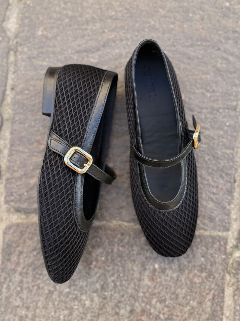 Comfortable black mesh ballerina flats with a strap, Polish manufacturer Tanex, Konopka Shoes