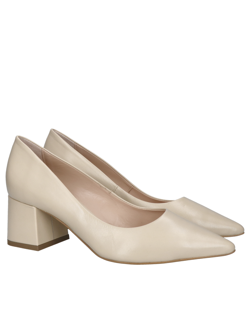 Light beige pumps with a comfortable block heel, leather from a Polish manufacturer