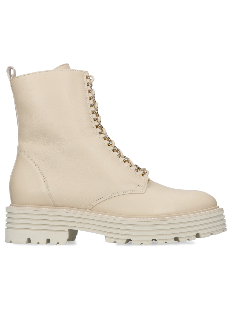 Women's leather ankle boots with original decorations on the laces, Polish women's leather shoes