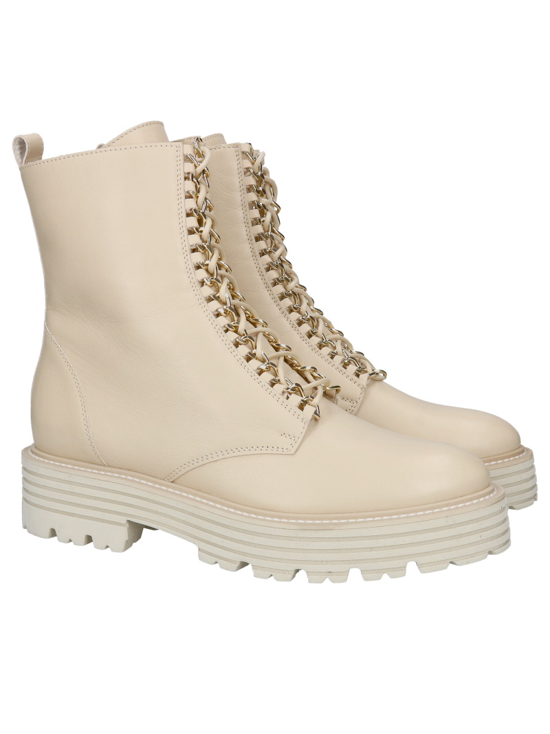 Women's leather ankle boots with original decorations on the laces, Polish women's leather shoes