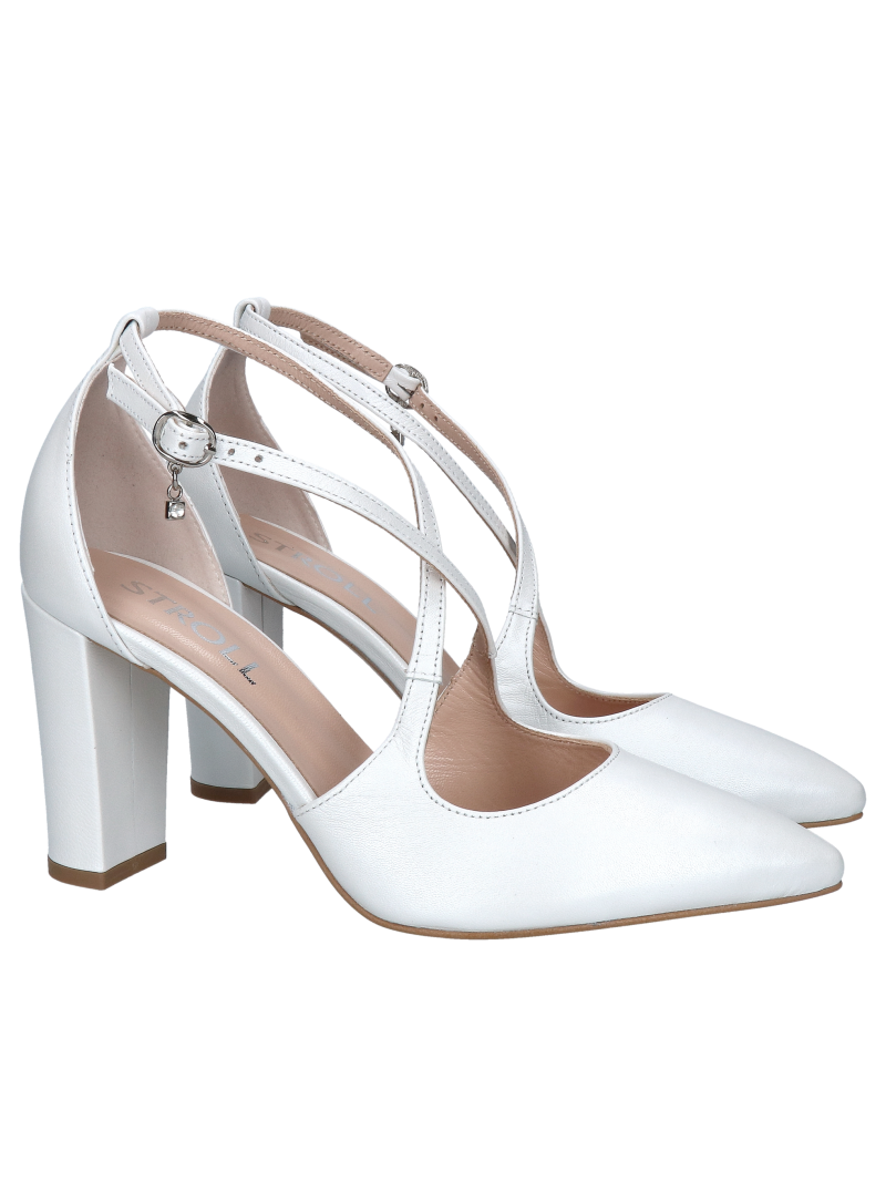 Women's wedding pumps with high heels in pearl white, delicate straps holding the foot, Konopka Shoes