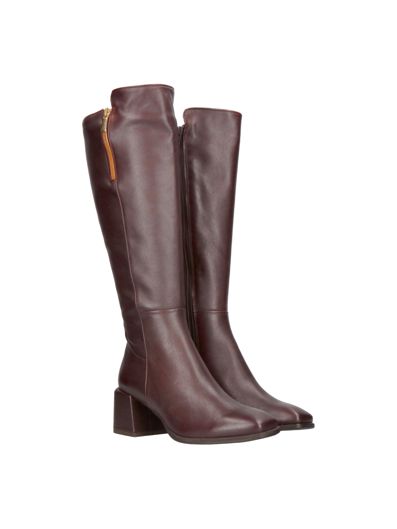 Women's burgundy boots, high women's leather boots, boots with square toes