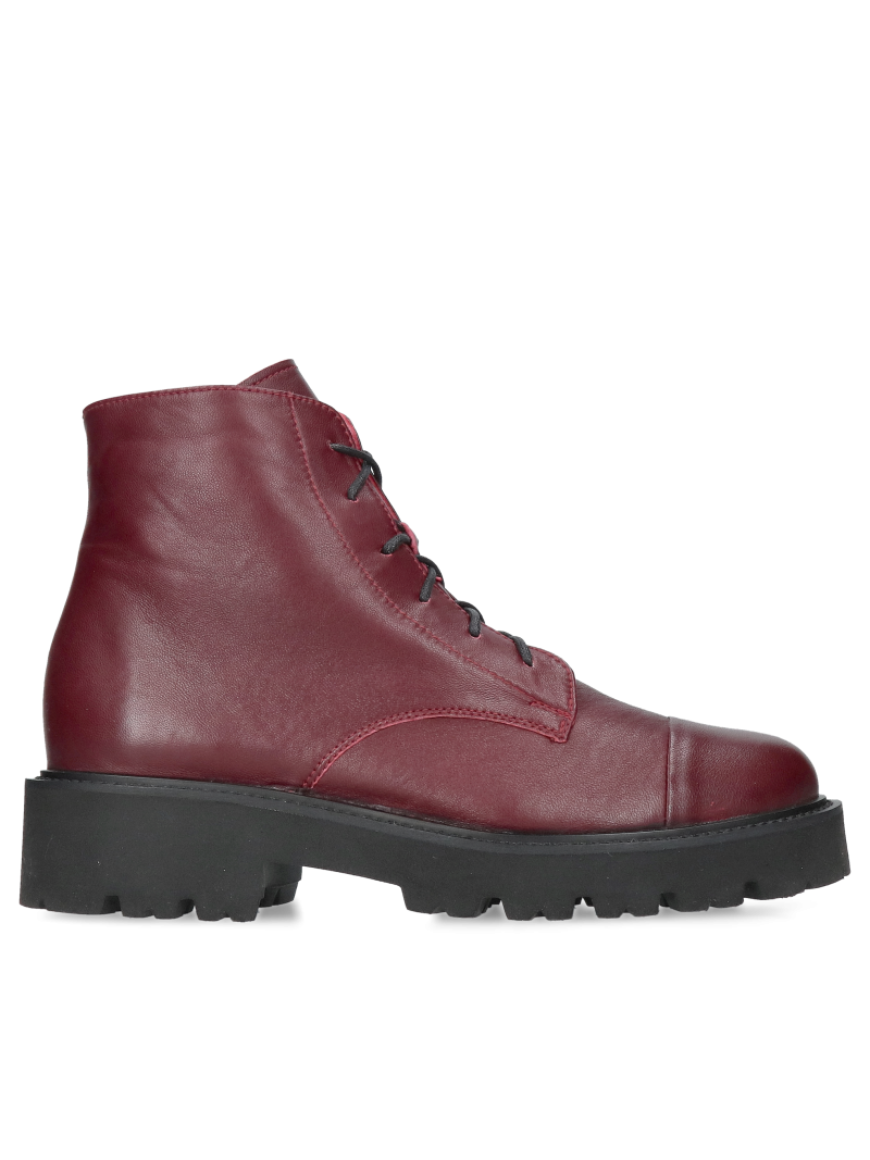 Women's burgundy genuine leather ankle boots, low lace-up design with a lightweight and comfortable sole