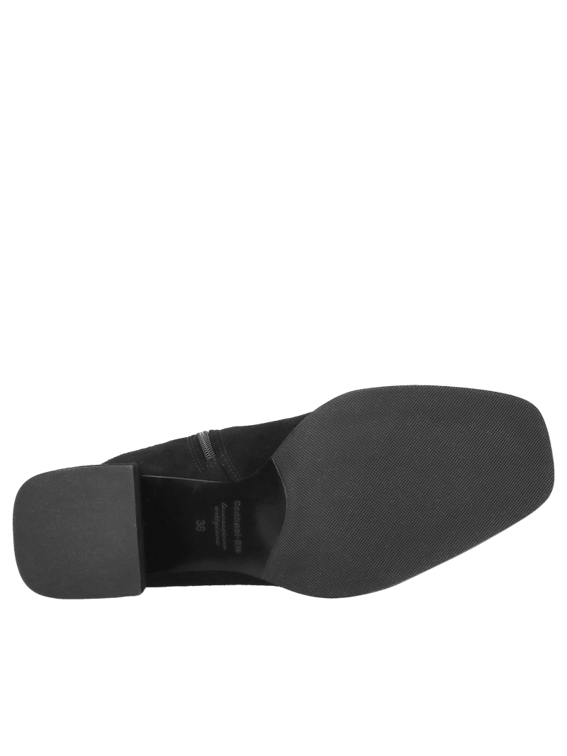 Women's black ankle boots with a block heel and decorative chain on the toe