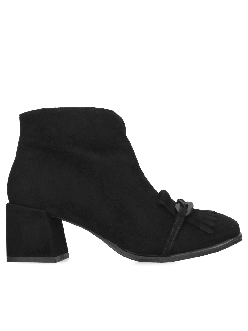 Women's black ankle boots with a block heel and decorative chain on the toe