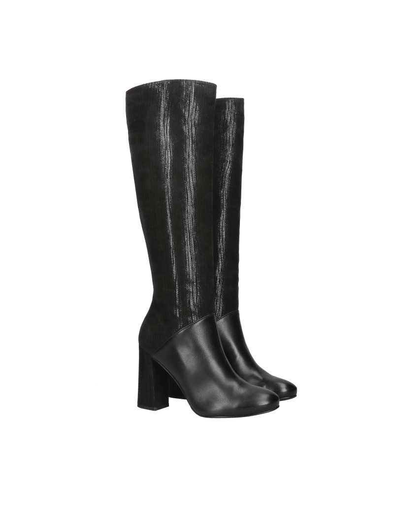 Black women's high-heeled boots, elegant leather boots with a round toe