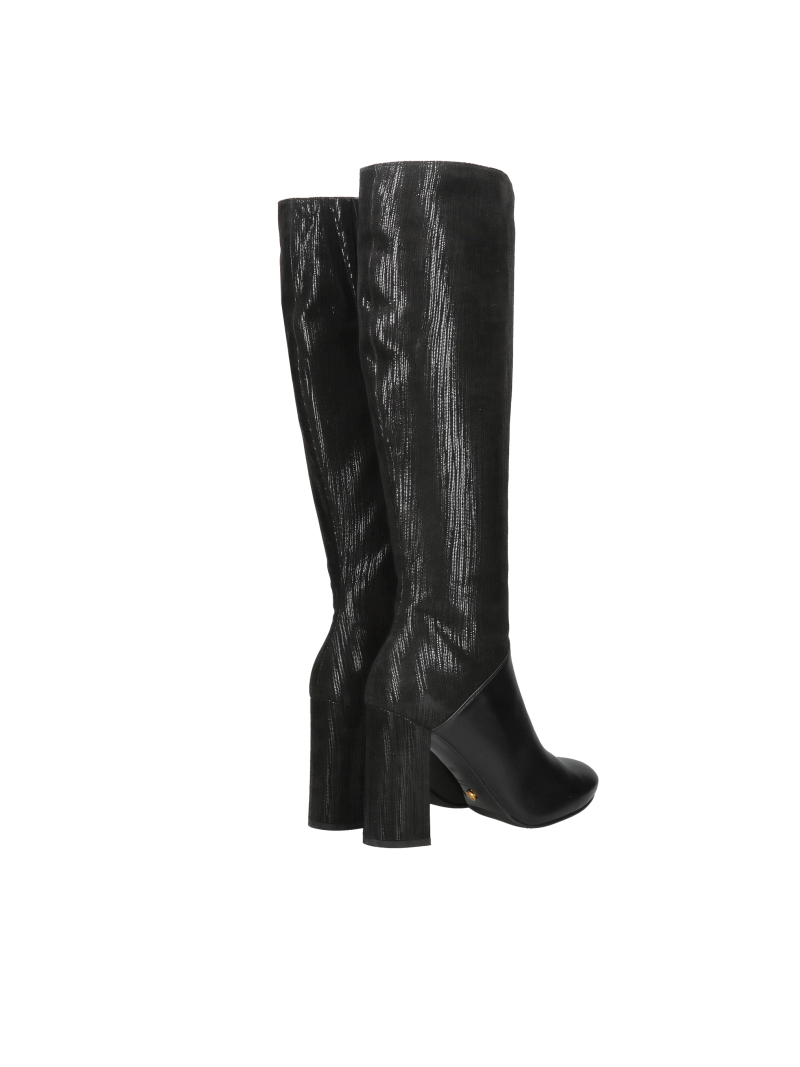 Black women's high-heeled boots, elegant leather boots with a round toe