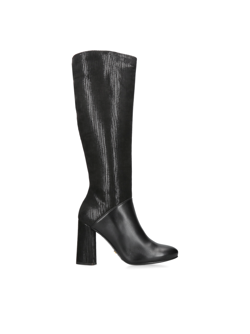 Black women's high-heeled boots, elegant leather boots with a round toe