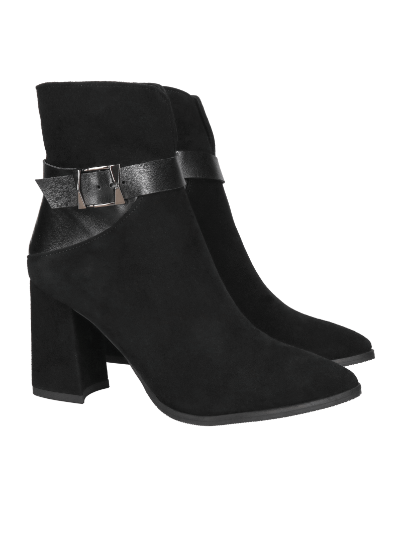 Suede ankle boots with a high, stylish heel and eye-catching embellishment