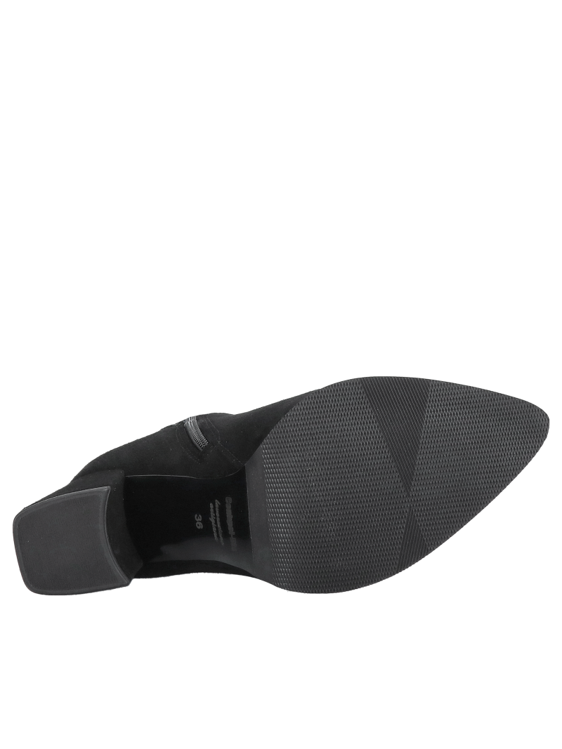 Suede ankle boots with a high, stylish heel and eye-catching embellishment