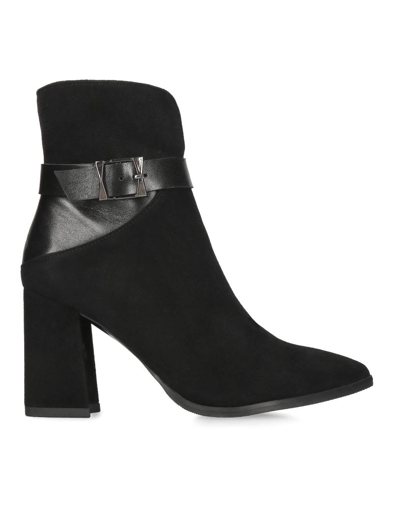 Suede ankle boots with a high, stylish heel and eye-catching embellishment