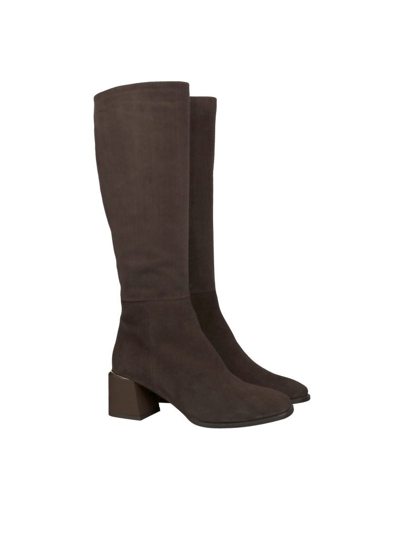 Suede boots with heels, brown women's suede leather boots, boots in a fashionable chocolate color