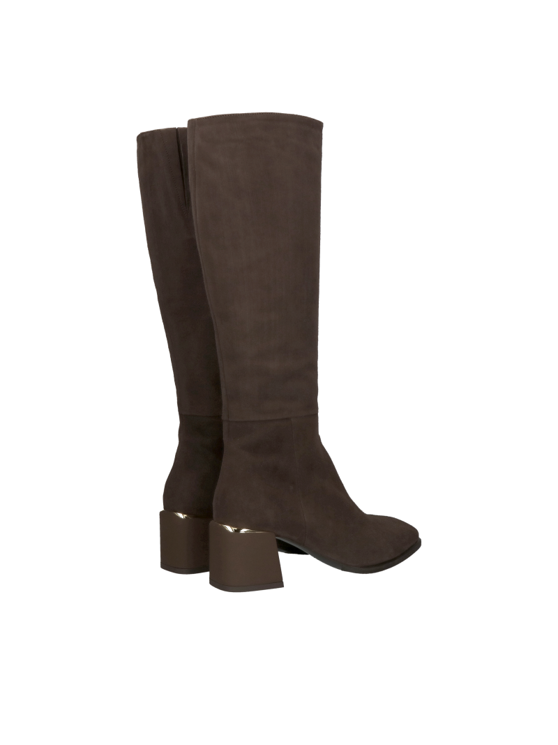 Suede boots with heels, brown women's suede leather boots, boots in a fashionable chocolate color