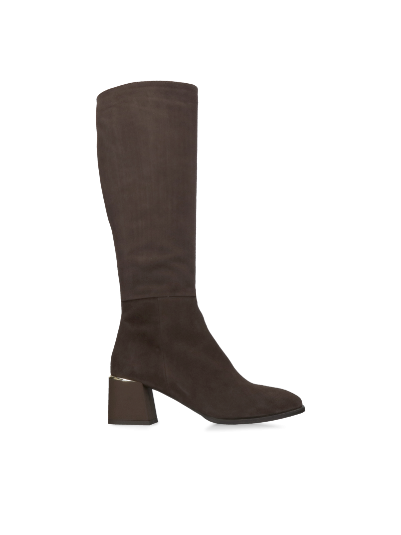Suede boots with heels, brown women's suede leather boots, boots in a fashionable chocolate color