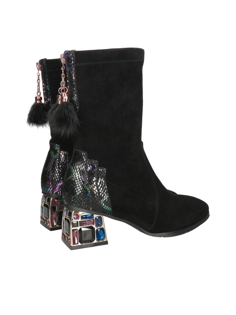 Women's suede leather boots, set on a comfortable decorative block heel, women's boots with black Lycra, Konopka shoes