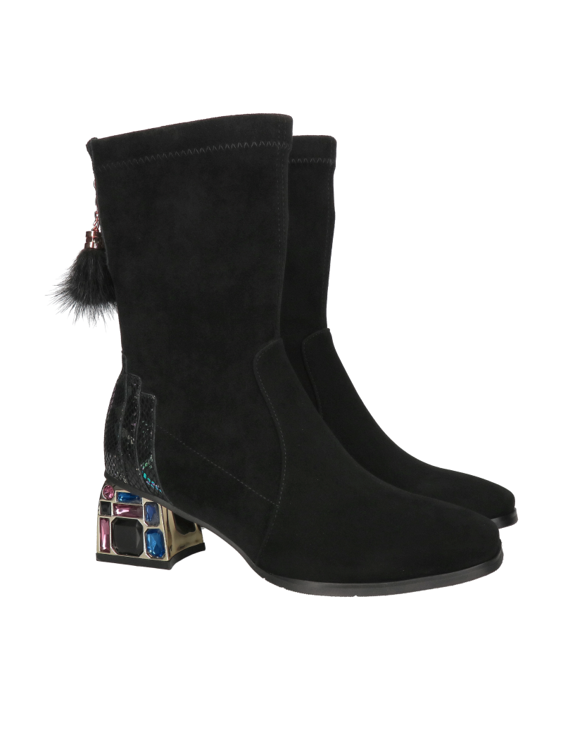 Women's suede leather boots, set on a comfortable decorative block heel, women's boots with black Lycra, Konopka shoes
