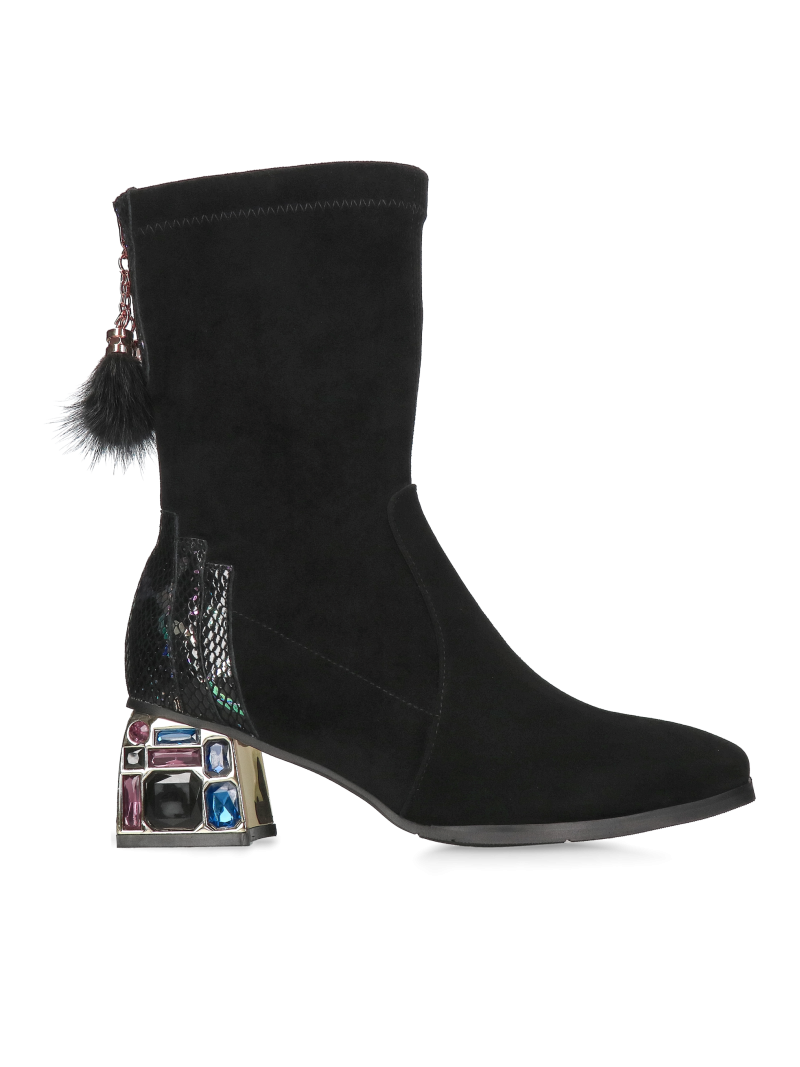 Women's suede leather boots, set on a comfortable decorative block heel, women's boots with black Lycra, Konopka shoes