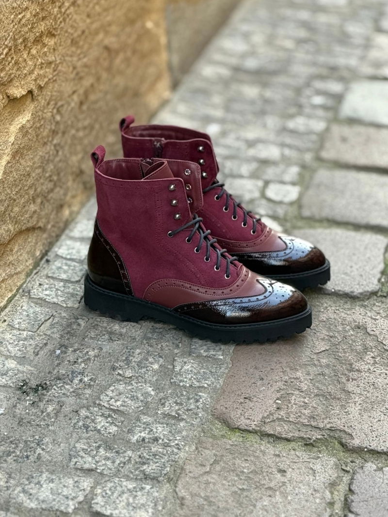 Women's suede boots, burgundy lace-up boots with a light and comfortable sole from a Polish manufacturer.
