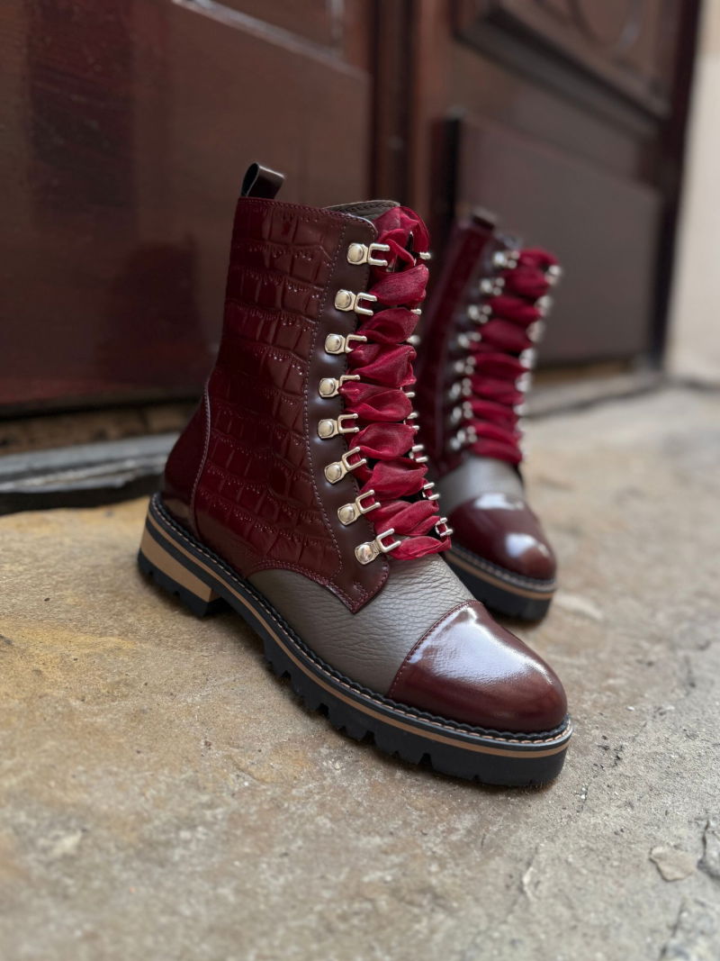 Original burgundy women's leather boots, high quality and unique style, Polish leather footwear manufacturer