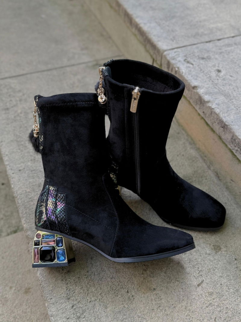 Women's suede leather boots, set on a comfortable decorative block heel, women's boots with black Lycra, Konopka shoes