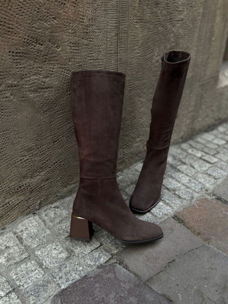 Suede boots with heels, brown women's suede leather boots, boots in a fashionable chocolate color