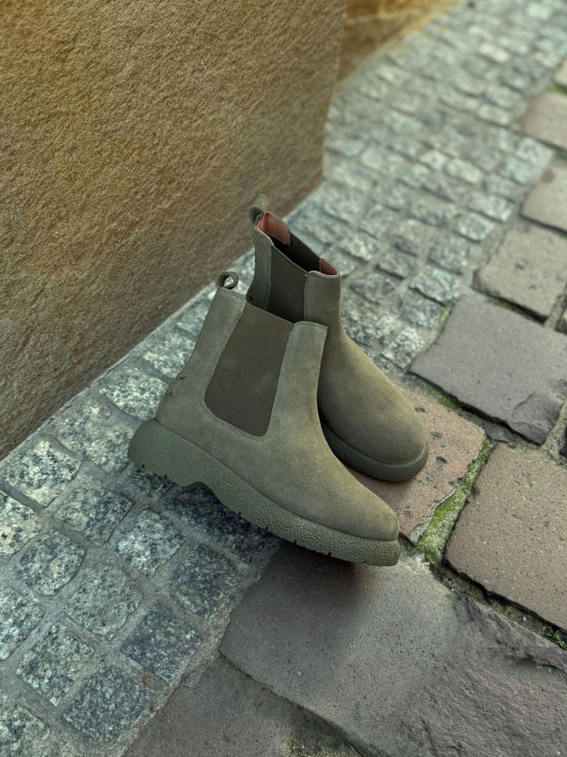 Women's Chelsea boots, women's suede Chelsea boots, green women's ankle boots, women's slip-on ankle boots