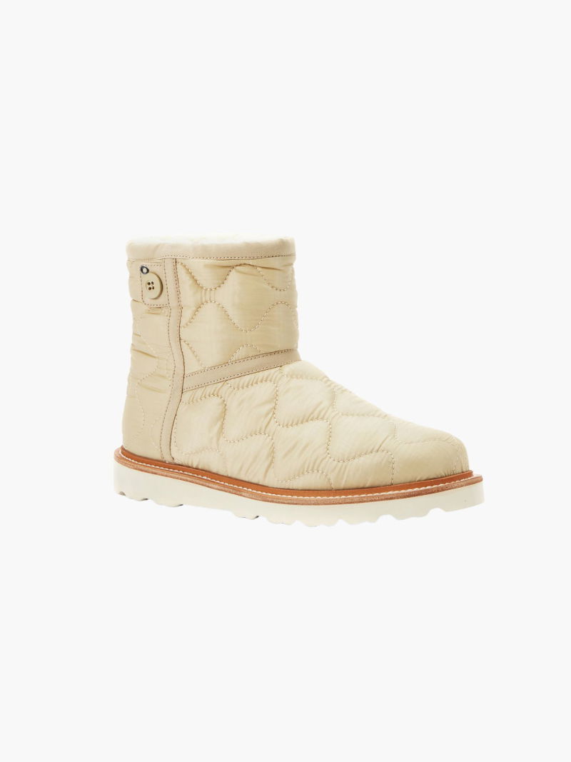 Comfortable women's ankle boots with a quilted nylon upper. Rubber non-slip sole, insulated with natural sheepskin.
