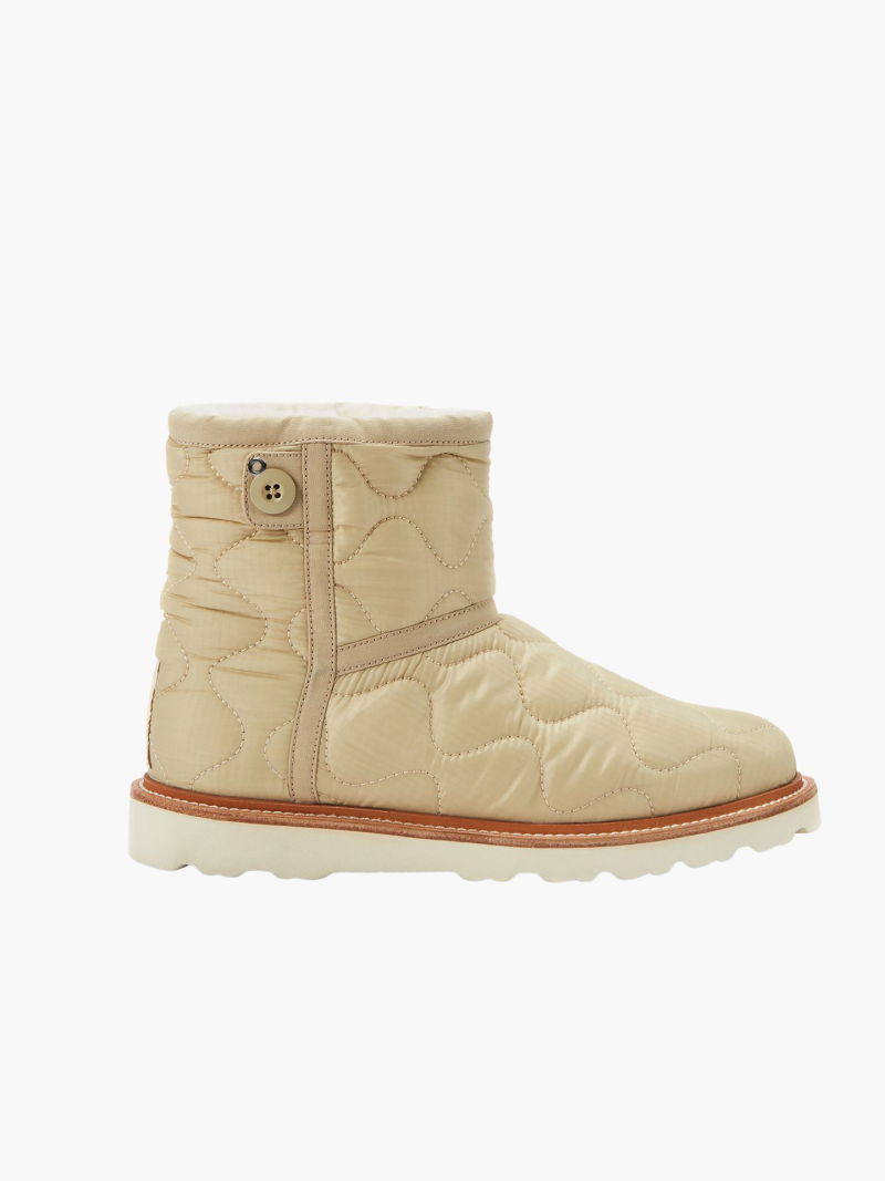Comfortable women's ankle boots with a quilted nylon upper. Rubber non-slip sole, insulated with natural sheepskin.