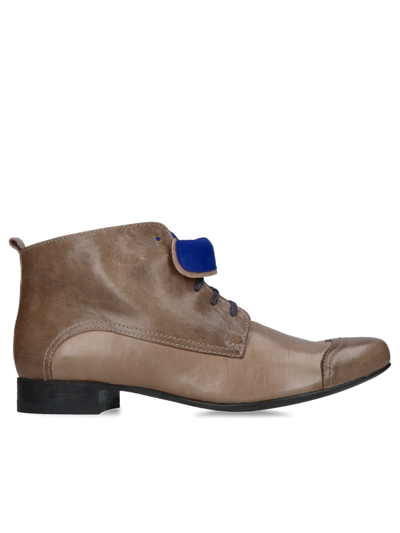 Low, unlined leather ankle boots with decorative cobalt suede trim