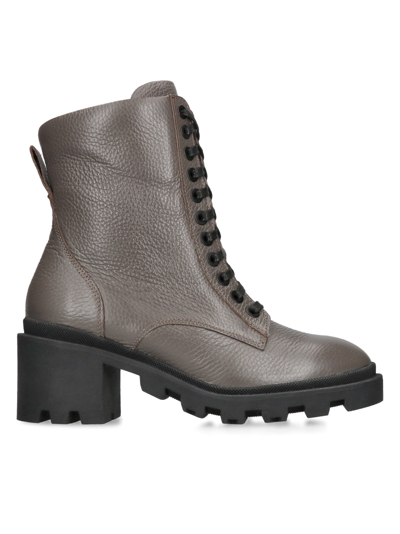 Gray full-grain ankle boots with thick heels, lace-up women's leather boots, Konopka Shoes