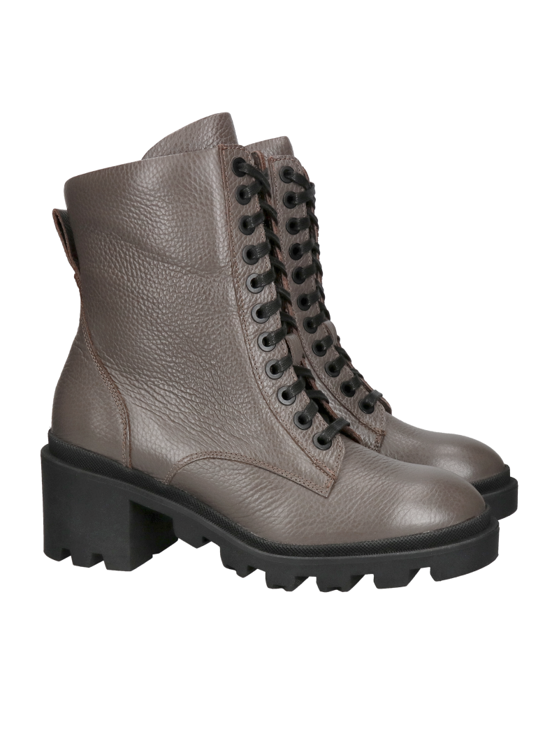 Gray full-grain ankle boots with thick heels, lace-up women's leather boots, Konopka Shoes