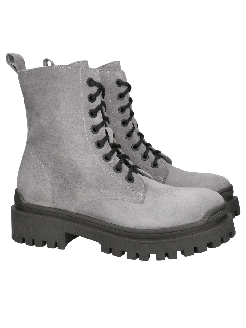 Gray suede ankle boots, women's gray ankle boots, lace-up ankle boots with thick soles