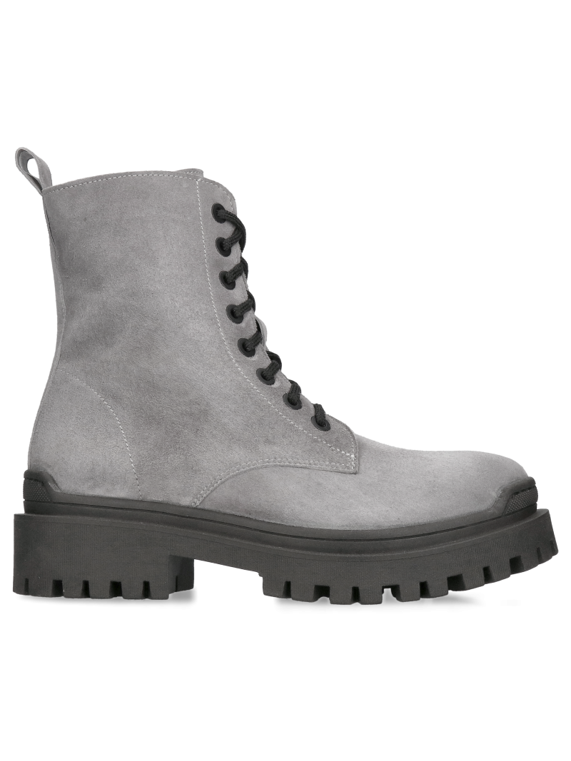 Gray suede ankle boots, women's gray ankle boots, lace-up ankle boots with thick soles