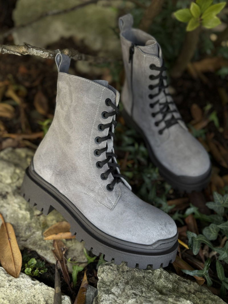 Gray suede ankle boots, women's gray ankle boots, lace-up ankle boots with thick soles