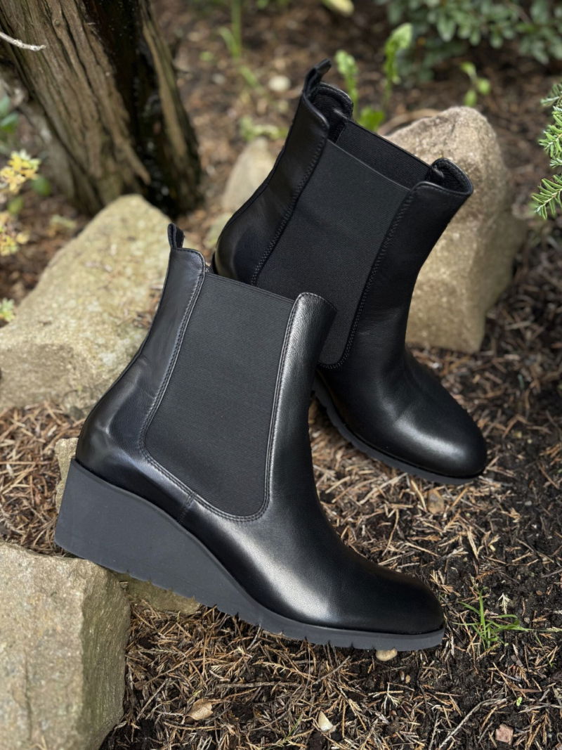 Black platform ankle boots, women's wedge ankle boots, wedge boots with elastic panels