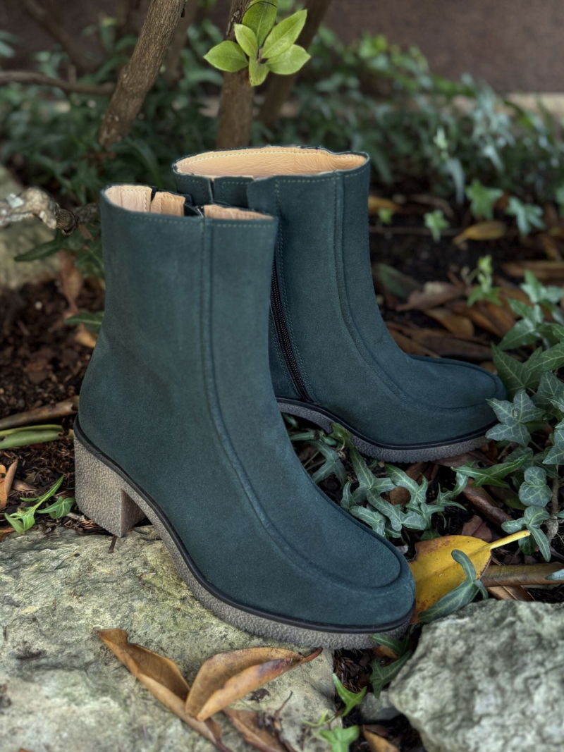 Green women's suede leather boots, comfortable boots with thick heels, Konopka Shoes