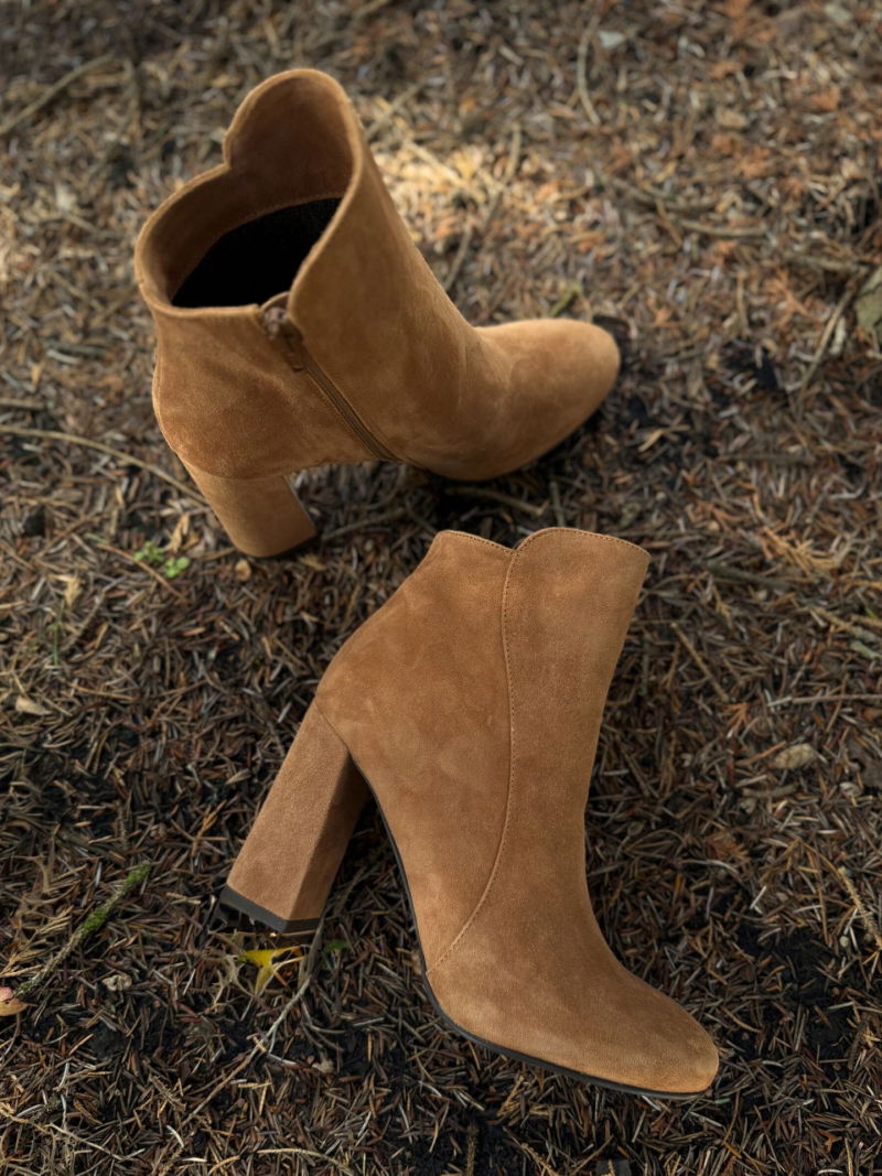 Suede red high-heeled ankle boots, women's winter boots with a heel