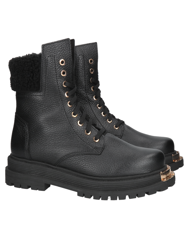Women's leather hiking boots, black winter boots with sheepskin lining, Konopka Shoes
