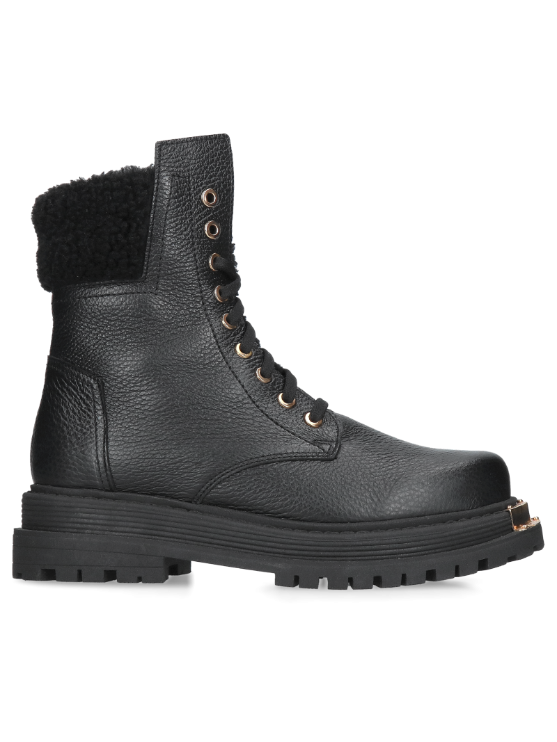 Women's leather hiking boots, black winter boots with sheepskin lining, Konopka Shoes