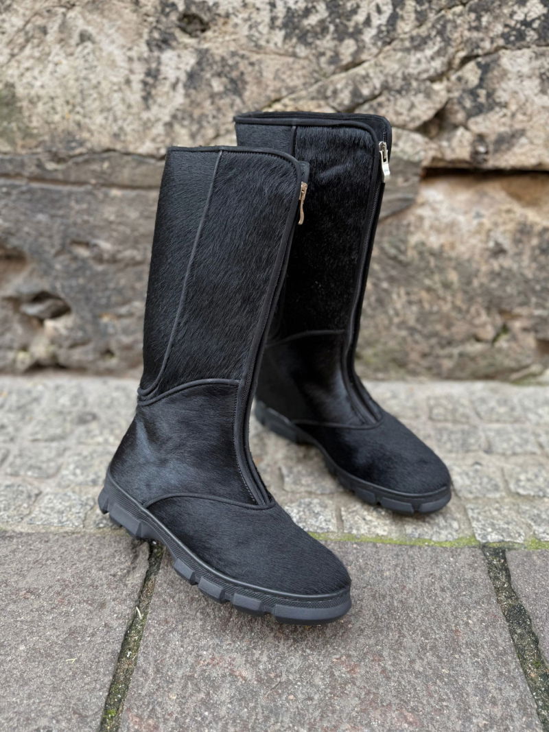 High snow boots with natural fur, warm women's boots with fur lining