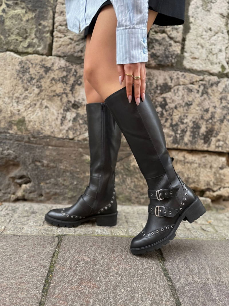 Winter high boots, black, women's leather officer boots, boots with buckles, Konopka Shoes