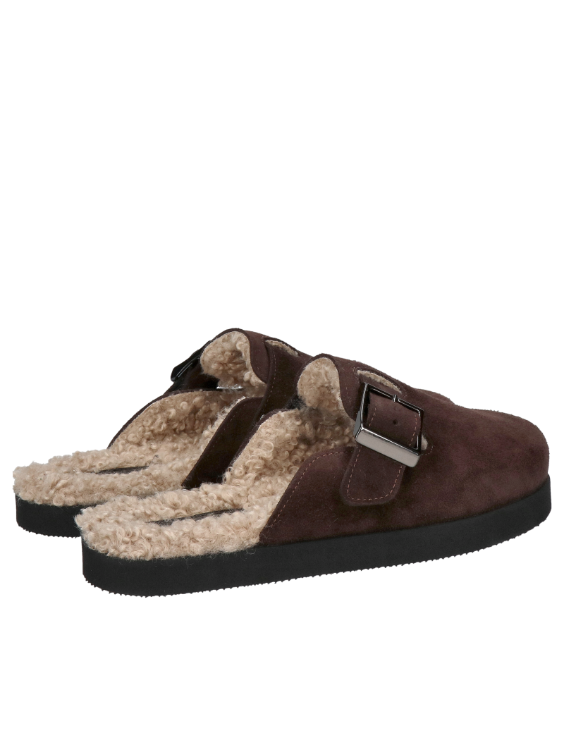 Chocolate-colored mules with fur, comfortable leather mules, Konopka Shoes