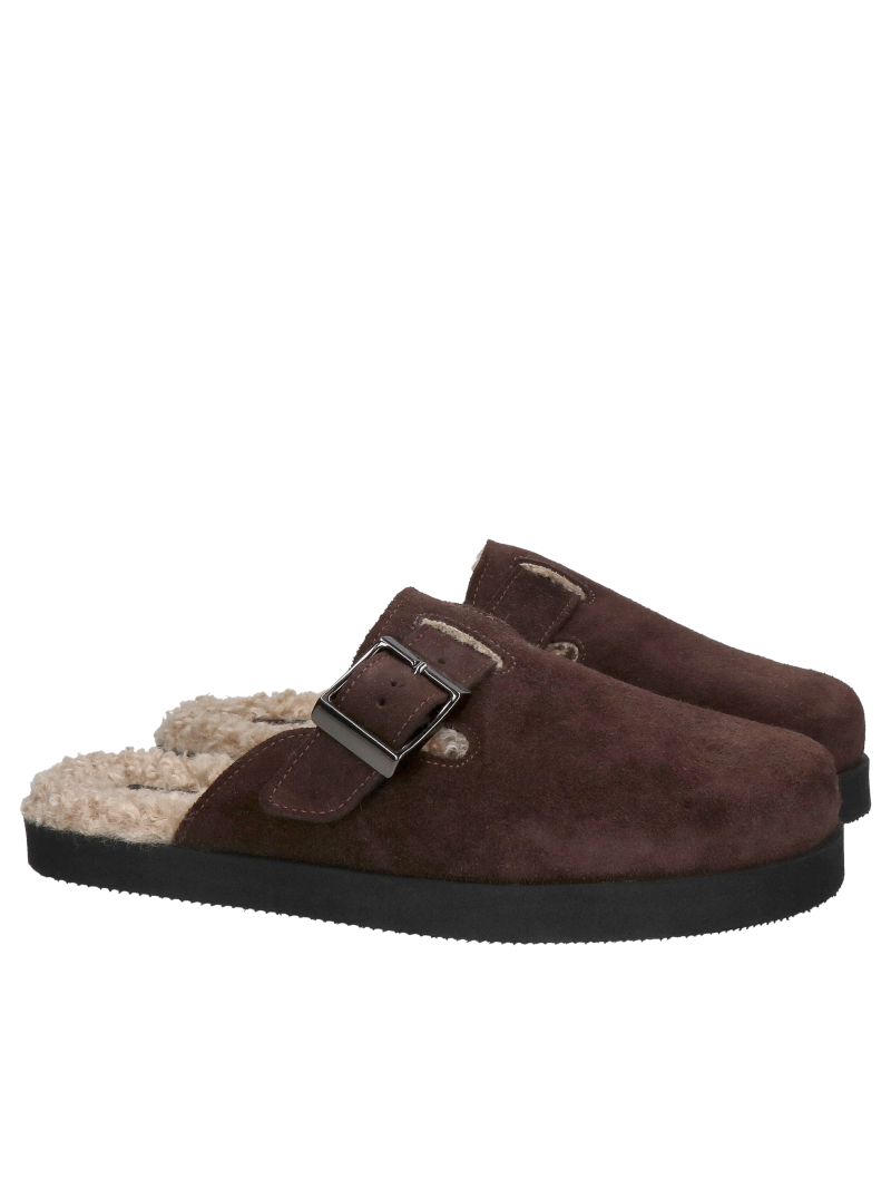 Chocolate-colored mules with fur, comfortable leather mules, Konopka Shoes