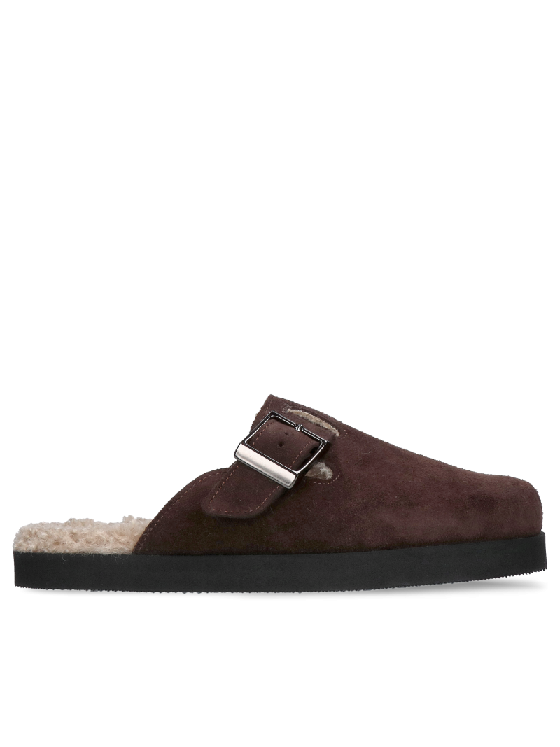Chocolate-colored mules with fur, comfortable leather mules, Konopka Shoes