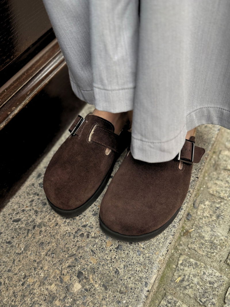 Chocolate-colored mules with fur, comfortable leather mules, Konopka Shoes