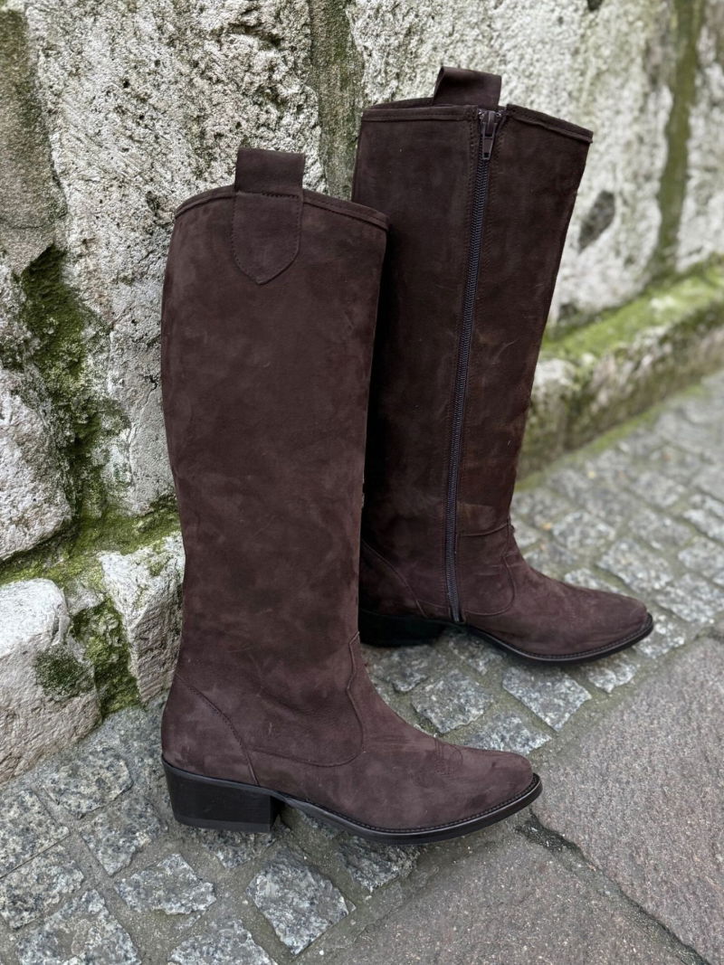 Women's brown cowboy boots, suede boots, chocolate brown knee-high boots