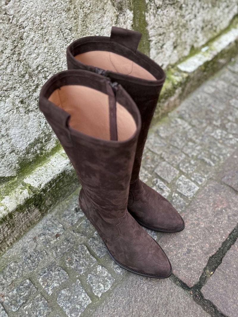 Women's brown cowboy boots, suede boots, chocolate brown knee-high boots