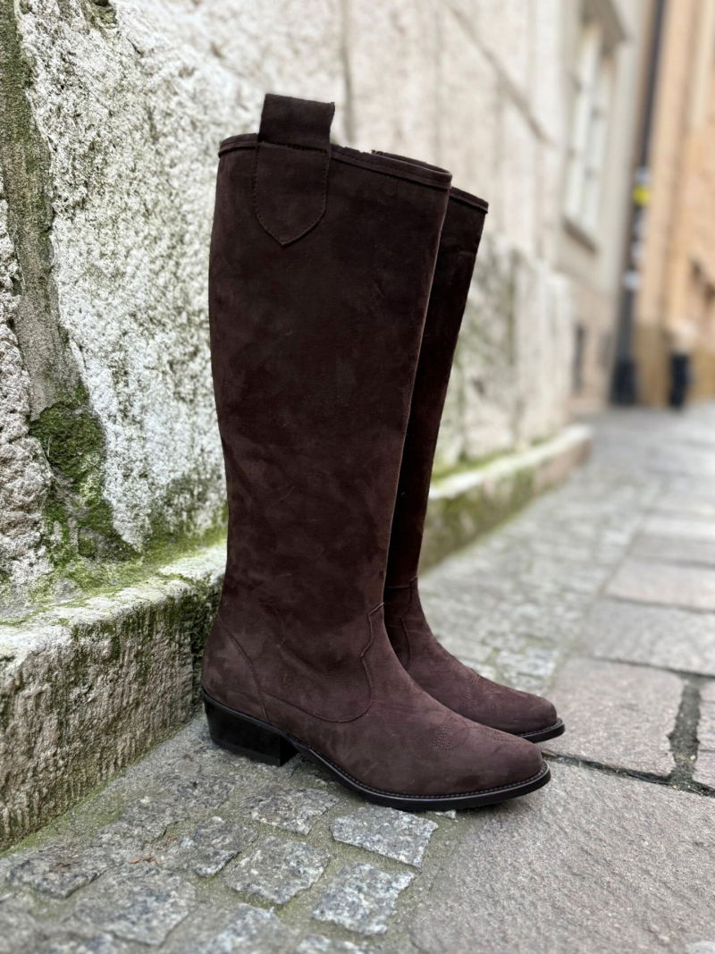 Women's brown cowboy boots, suede boots, chocolate brown knee-high boots
