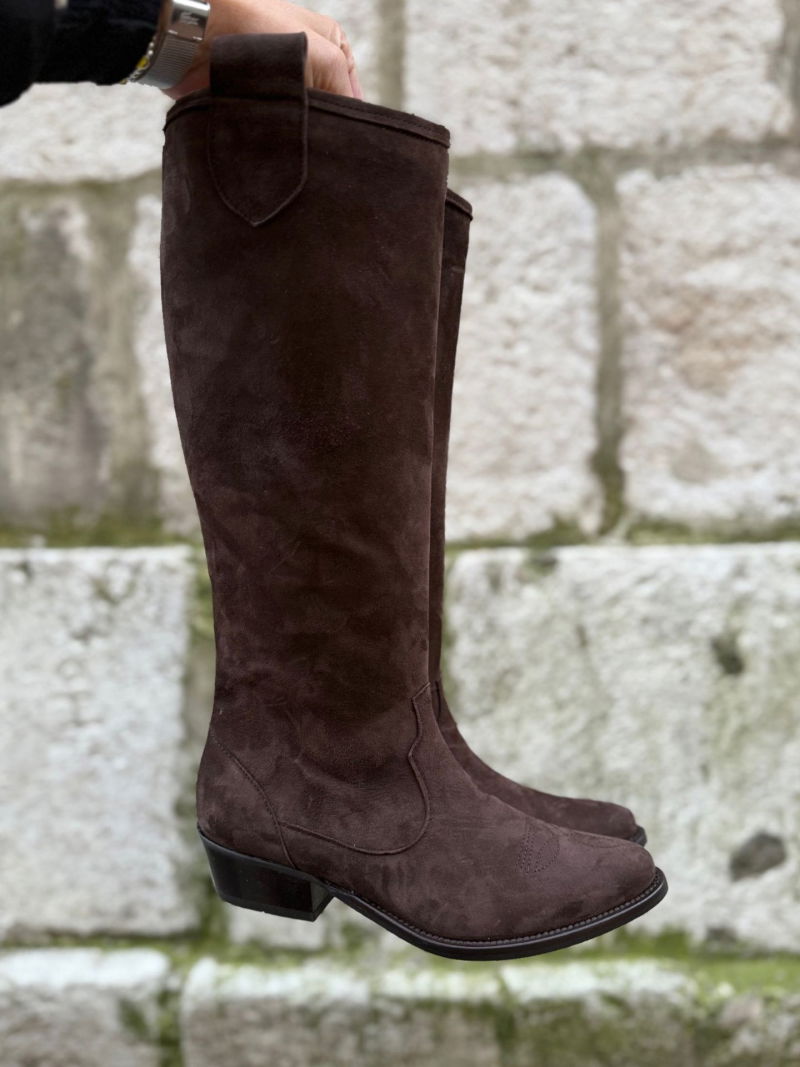 Women's brown cowboy boots, suede boots, chocolate brown knee-high boots